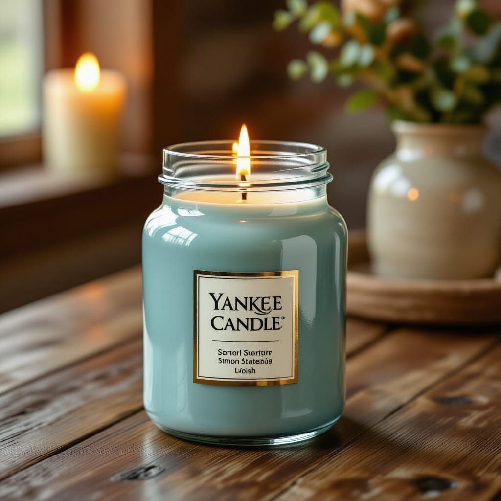 Light Blue Yankee Candle Lit on Wooden Table