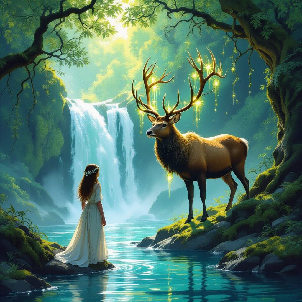 Jugendstil Girl and Stag at Enchanted Waterfall