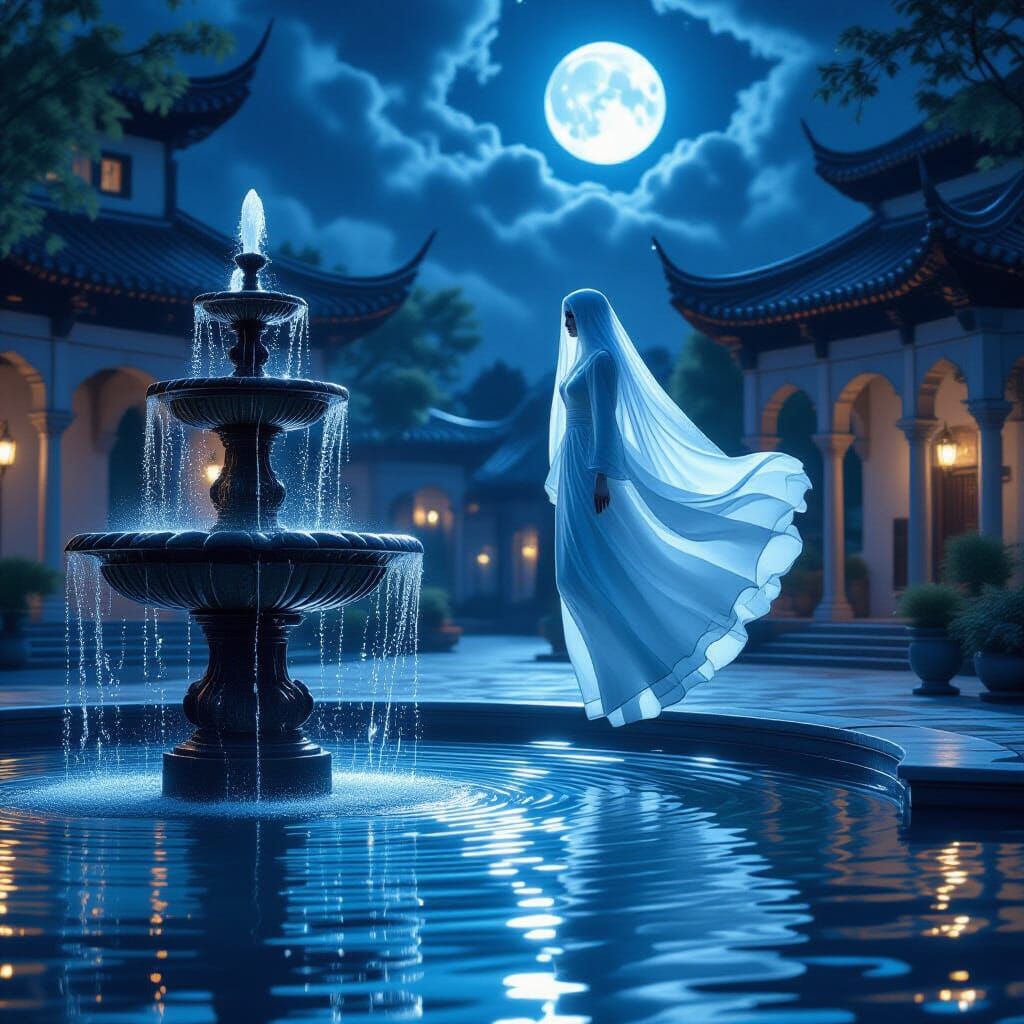 Ethereal Ghost Woman at Moonlit Fountain
