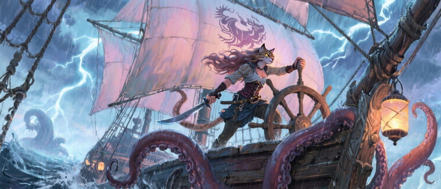 Lynx Pirate Battles Kraken in Graphic Novel Style