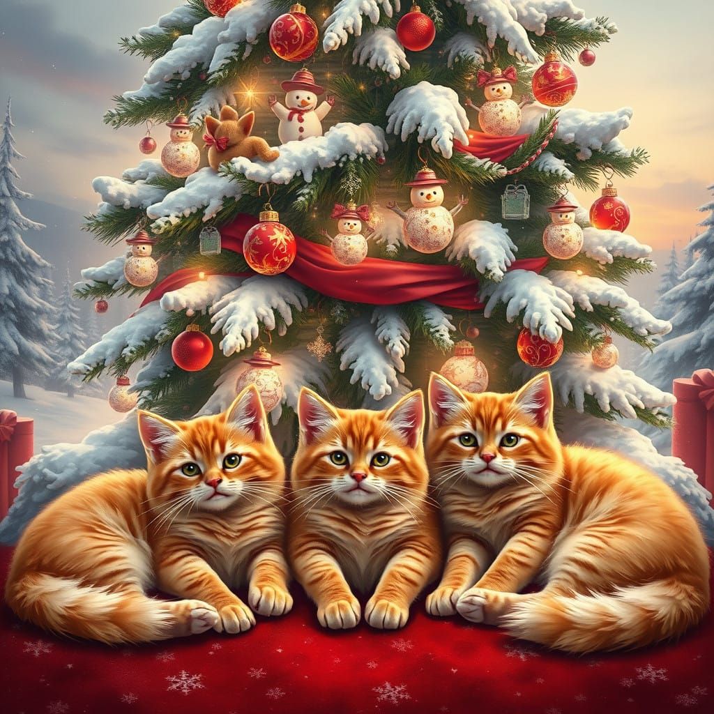 Orange Tabby Cats Under Winter Wonderland Christmas Tree
