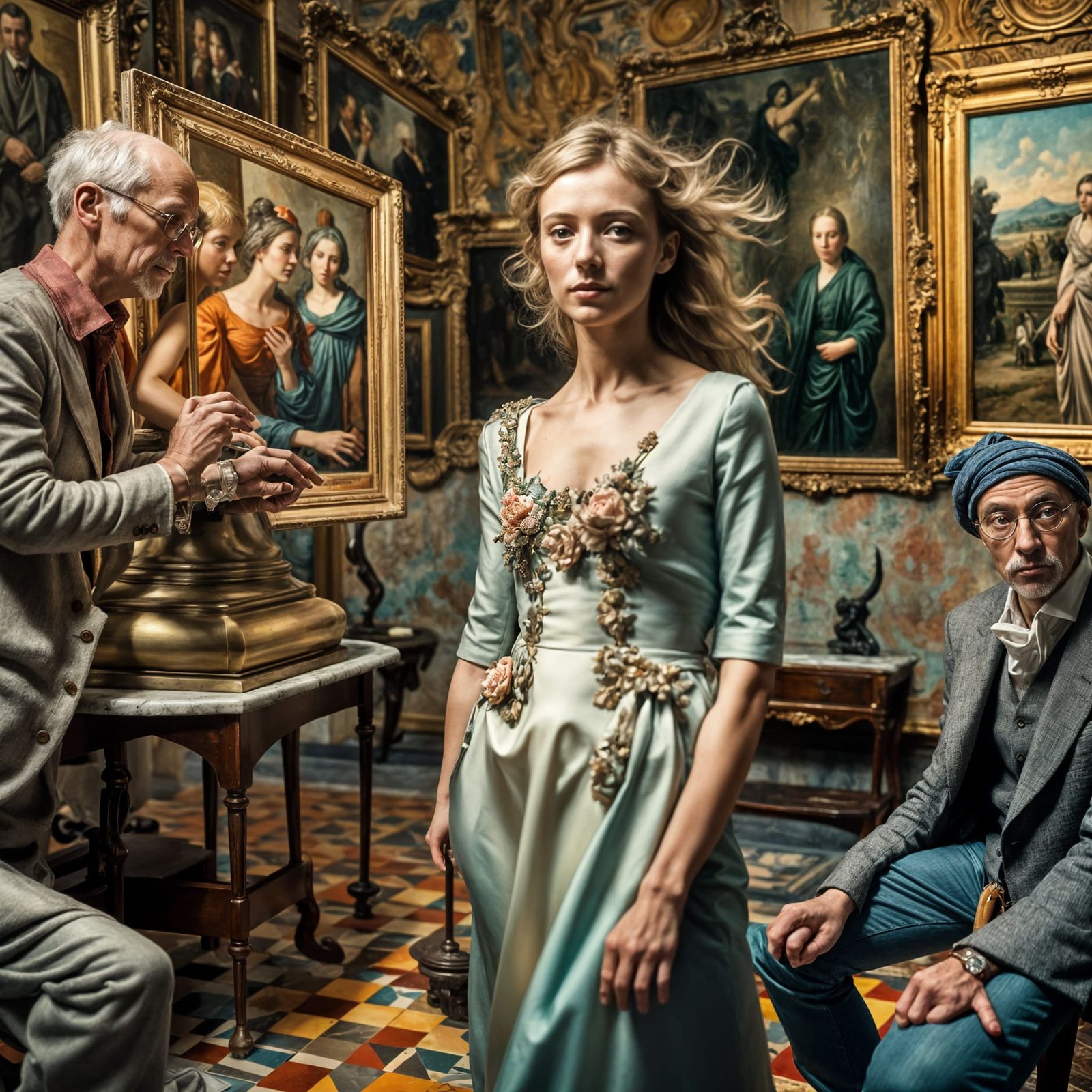 Happy Couples in Art Museum: Hyperrealistic Photograph