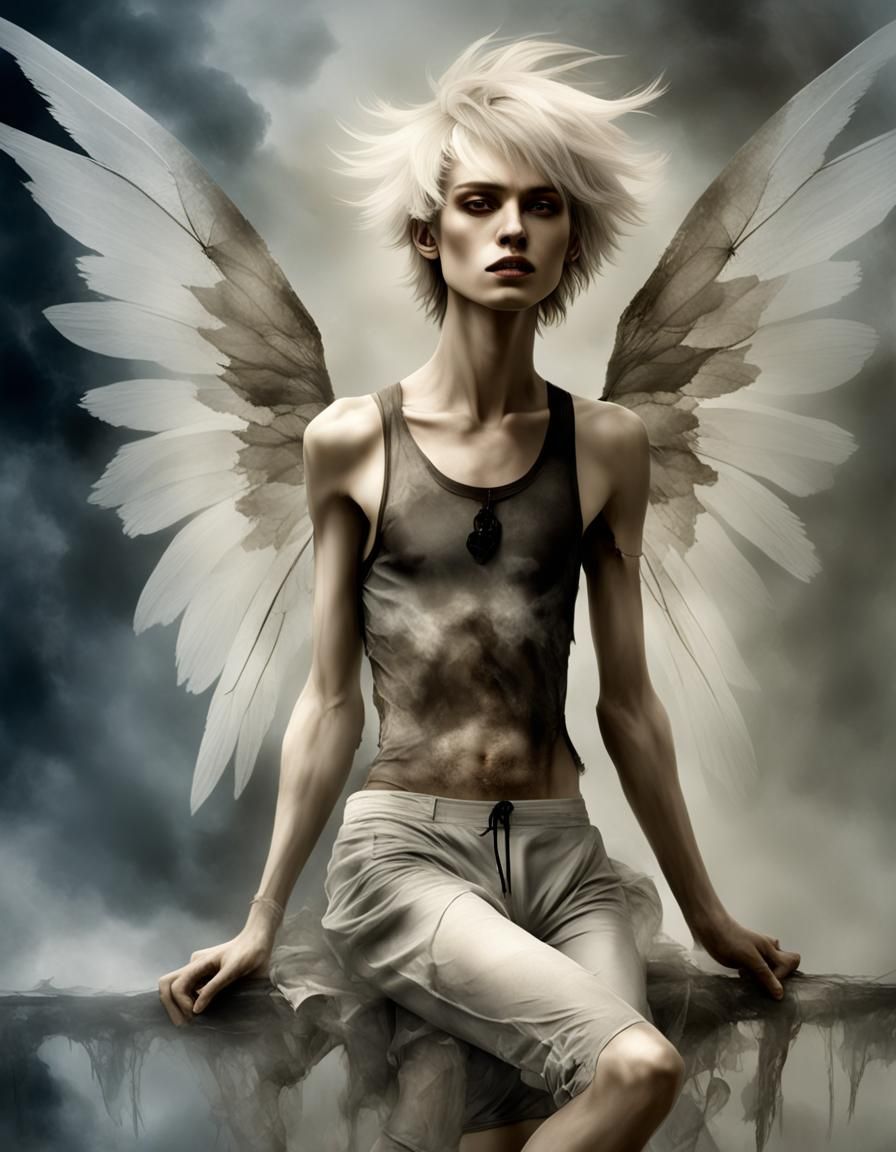 Ethereal Blond Boy with Wings in Sepia