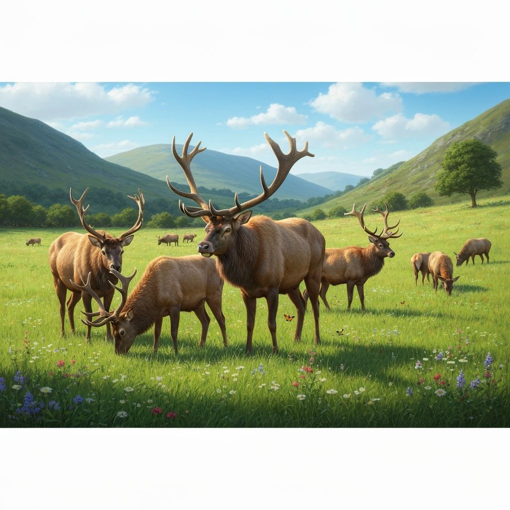 Irish Elk Family in Sun-Dappled Meadow, Hyperrealistic Style