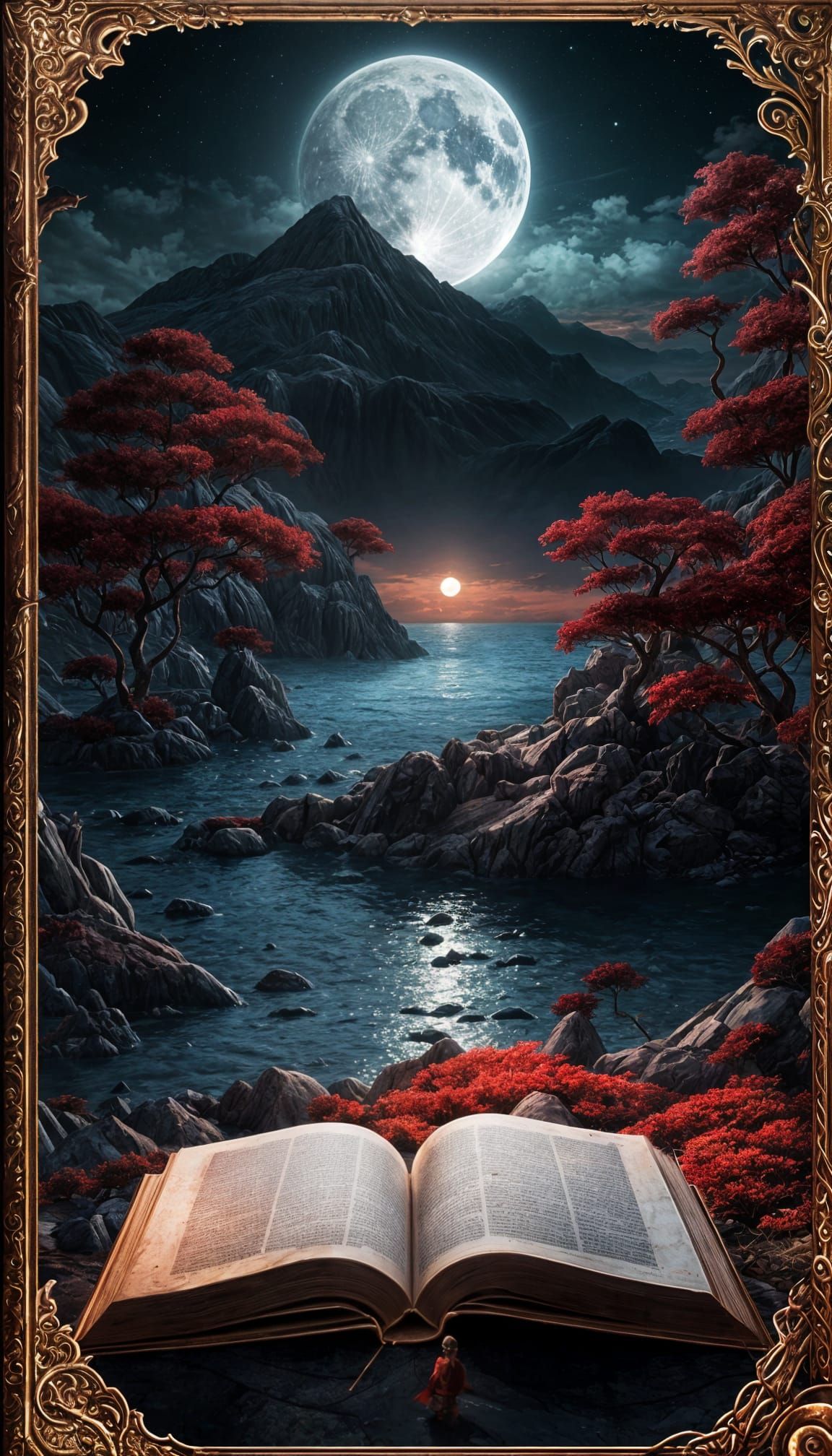 Mystical Book on Deserted Island Under Blood Moon