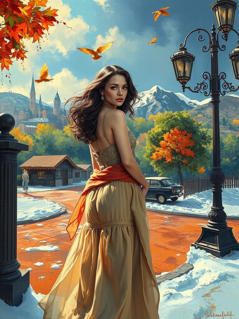 Woman in Summer and Winter Scenes, Abstract Art Style