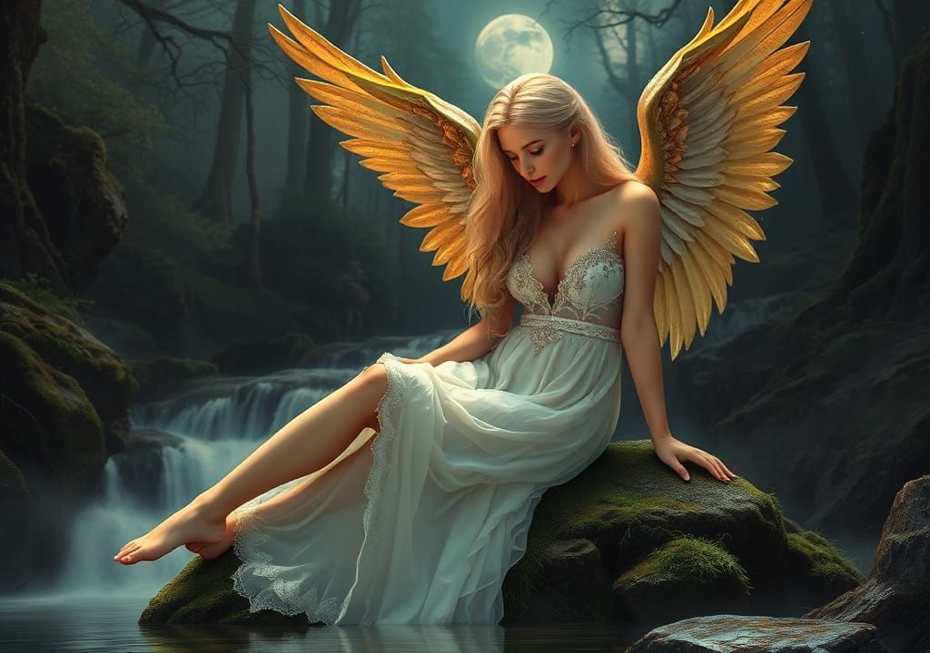 Fallen Angel in Moonlit Forest: Hyperrealistic Fantasy Art