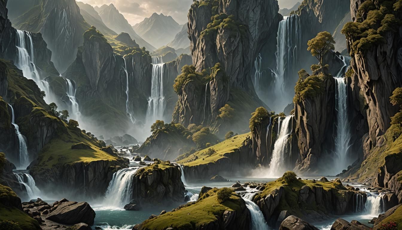 Epic Fantasy Landscape with Waterfalls