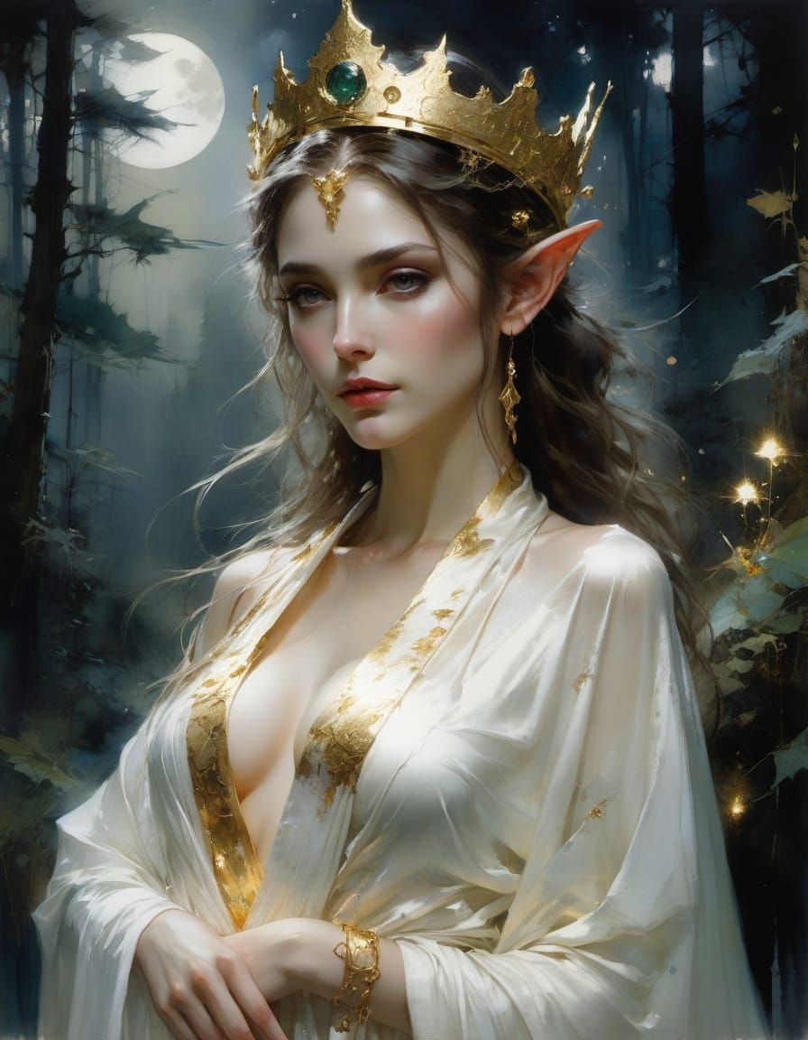 Beautiful Elf Queen in Moonlight Forest Watercolor