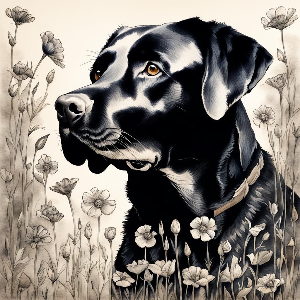 Black Labrador Portrait with Exotic Flowers in Pencil and In...