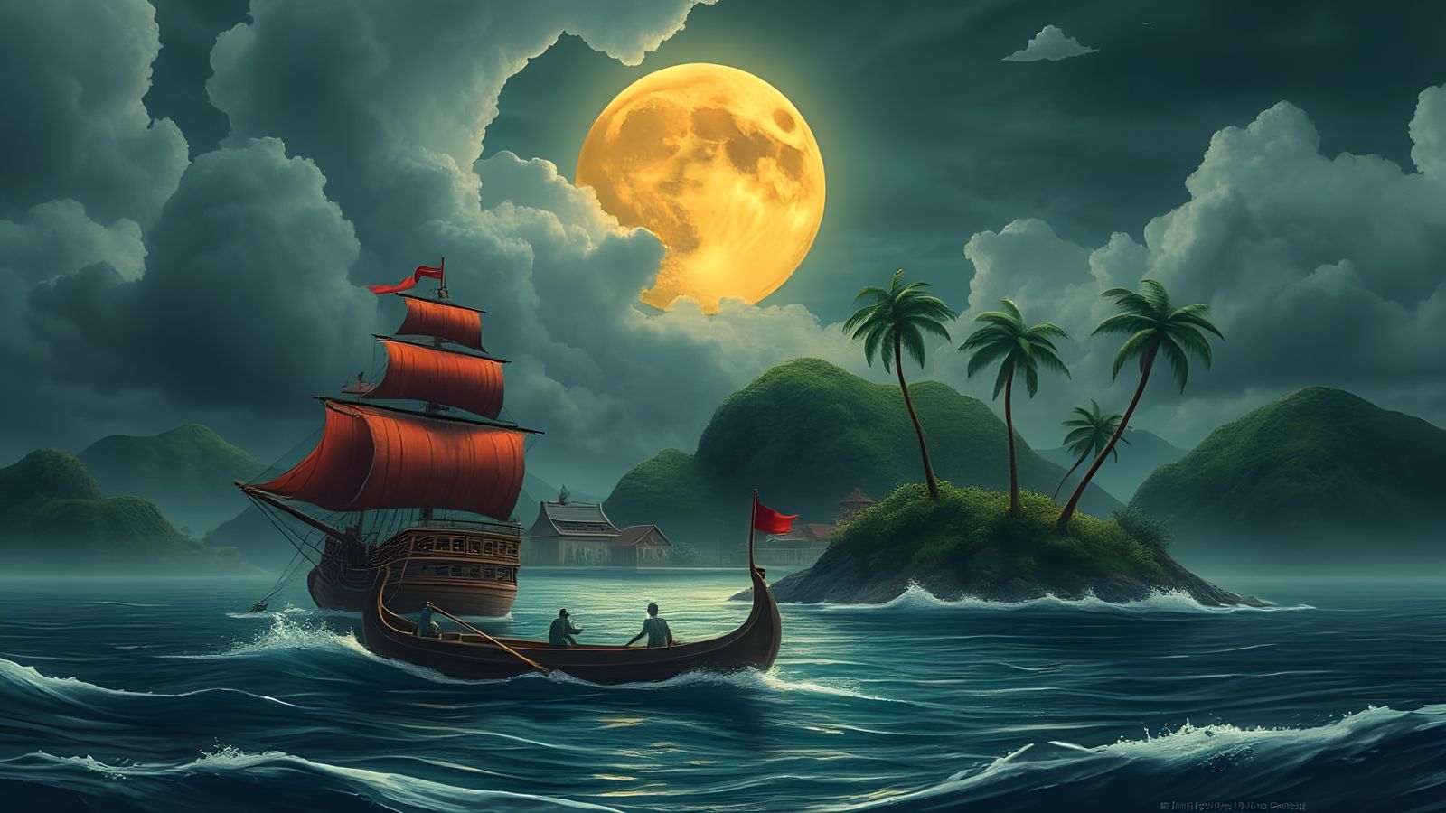 Stormy Voyage: Red Ship Sails Past Island Village