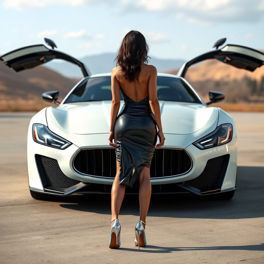 Futuristic Brunette Goddess Poses with Maserati in a Matte P...