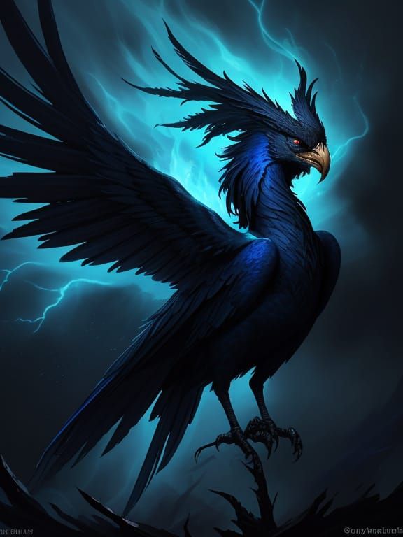 Mystical Blue Phoenix in Dark Flames