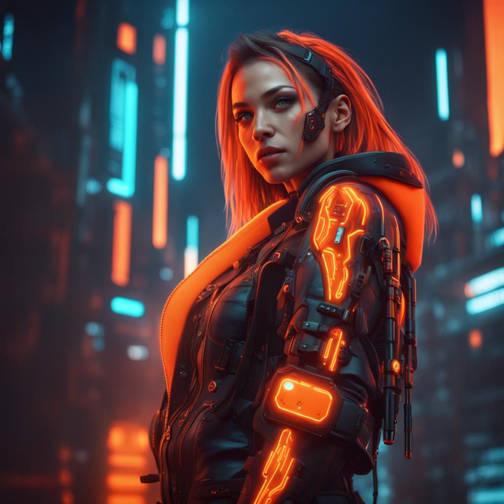 Neon Cyberpunk Girl: Detailed Matte Painting
