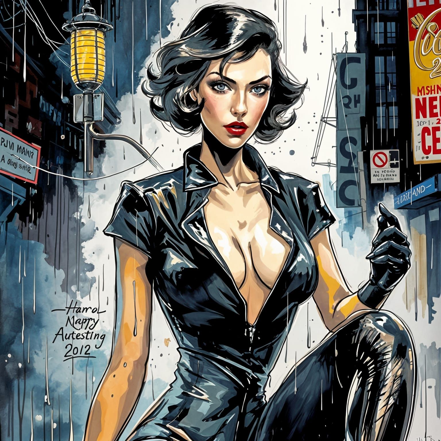 Noir Comic Book Cover of Woman in Rainy City