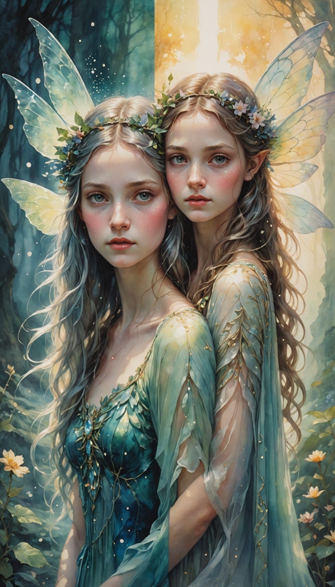 Radiant Fairy vs Ancient Creature in Watercolor