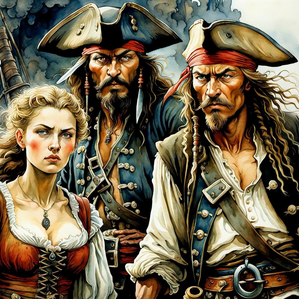 Grimdark Pirates Plotting Mutiny in Aquarelle Art