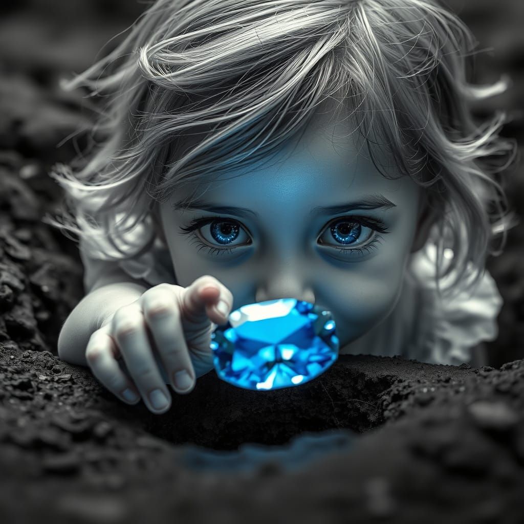 Hyperrealistic Girl Reaches for Sapphire with Blue Glow