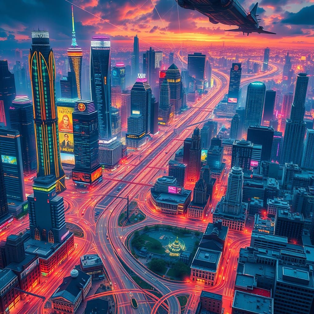 Futuristic Cityscape in Vibrant Technicolor: A Symphony of T...
