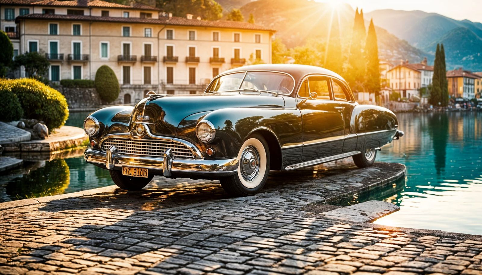 Classic American Coupe at Sunrise on Lake Como