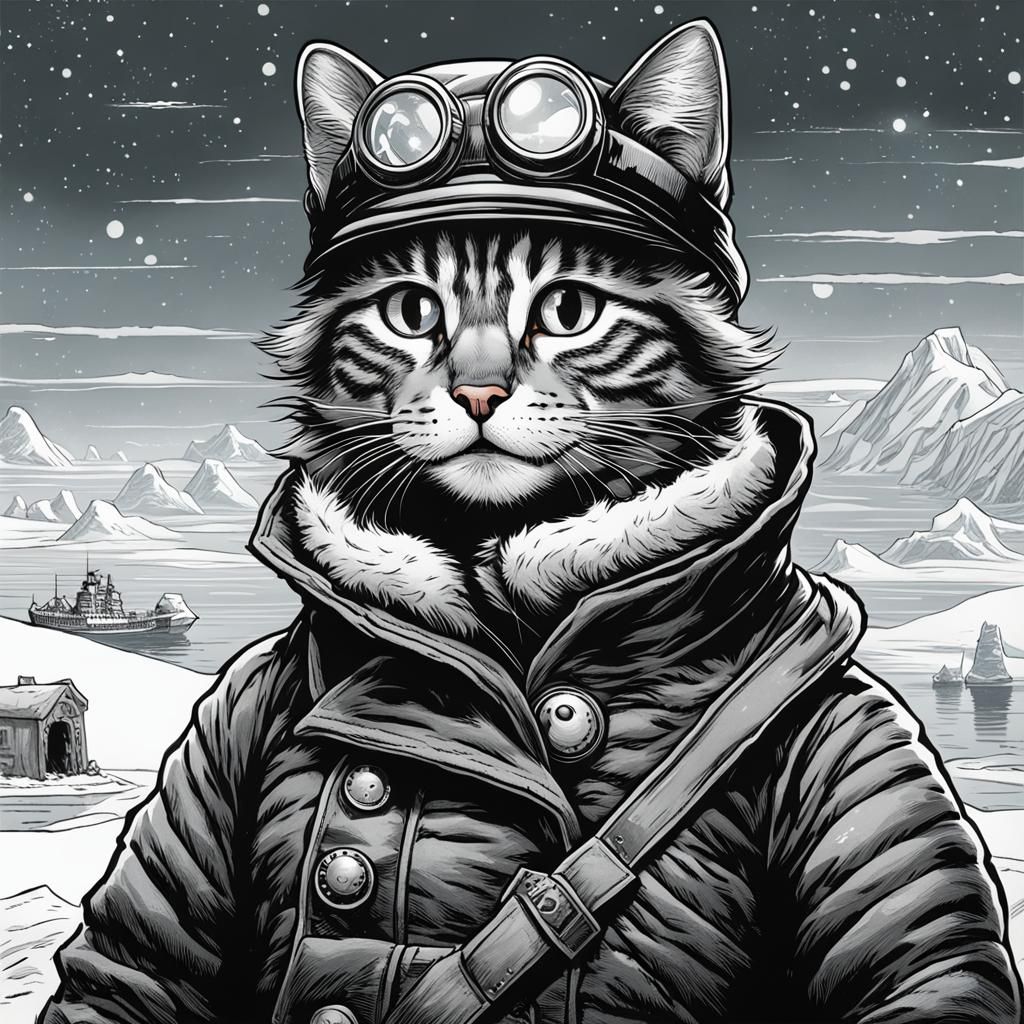 Edwardian Kitten Visits Antarctica in Tenniel Style