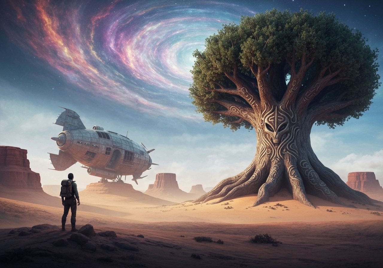 Explorer Gazes at Alien Tree & Derelict Airship in Nebula Sk...