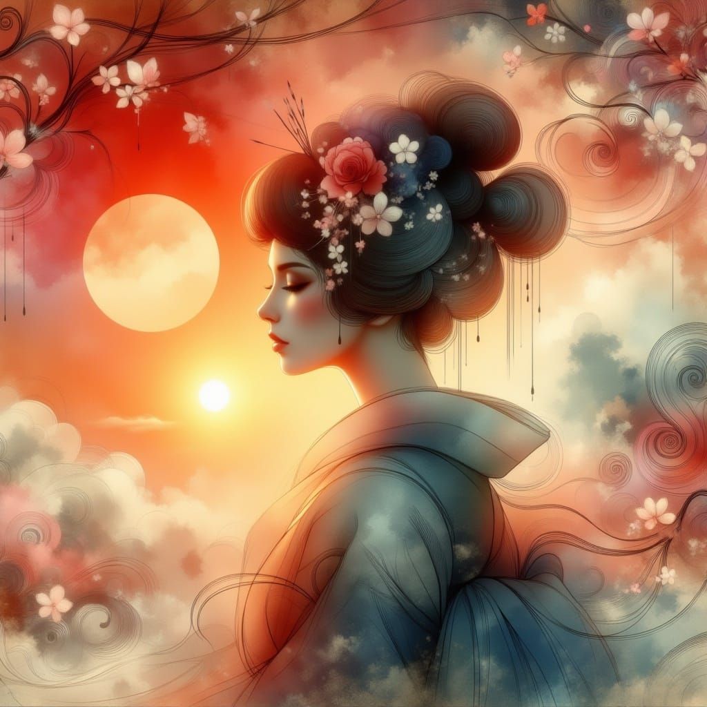 Geisha in Cherry Blossom Rain at Sunset