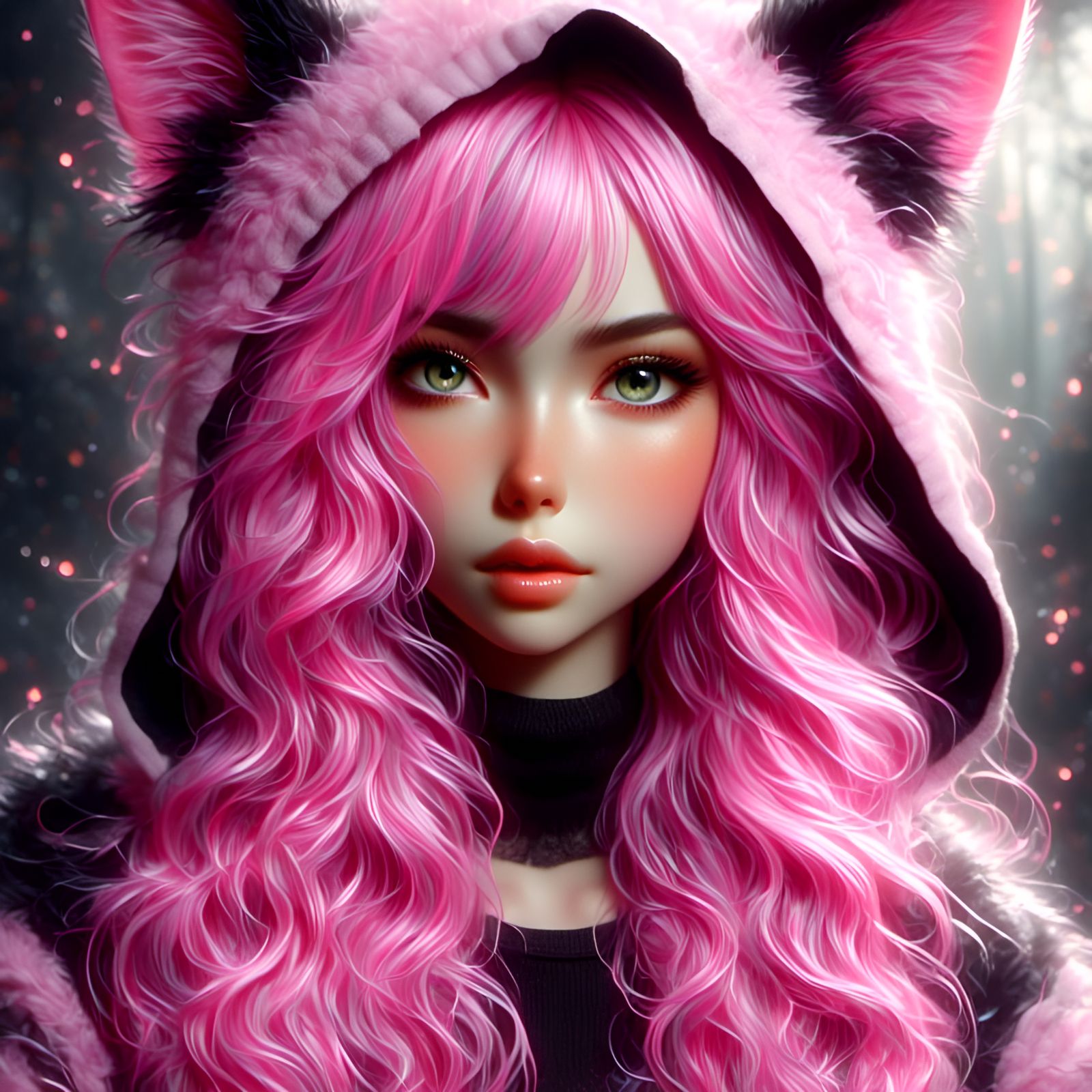 Pink Cat Hoodie: Hyper-Detailed Digital Portrait