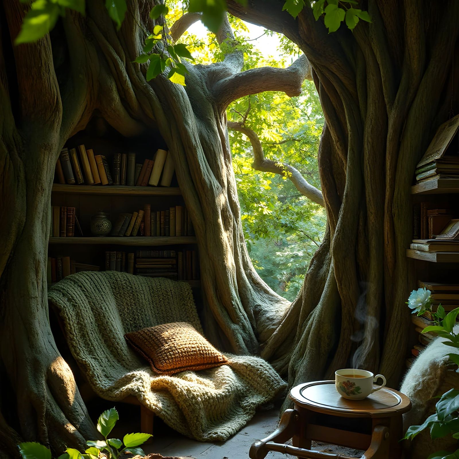 Inviting Reading Nook Inside an Old Oak Tree