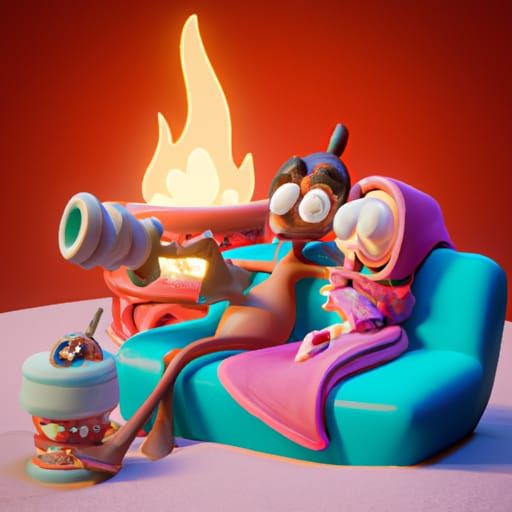 Cozy Couple Enjoying Christmas Movie, 3D Digital Art