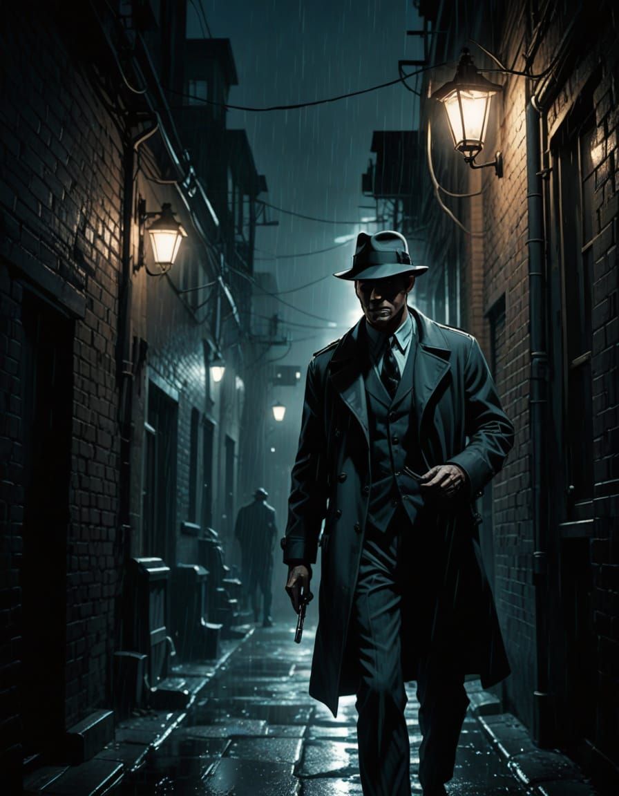 Gritty Detective Emerges from Rainy Alleyway in Film Noir St...