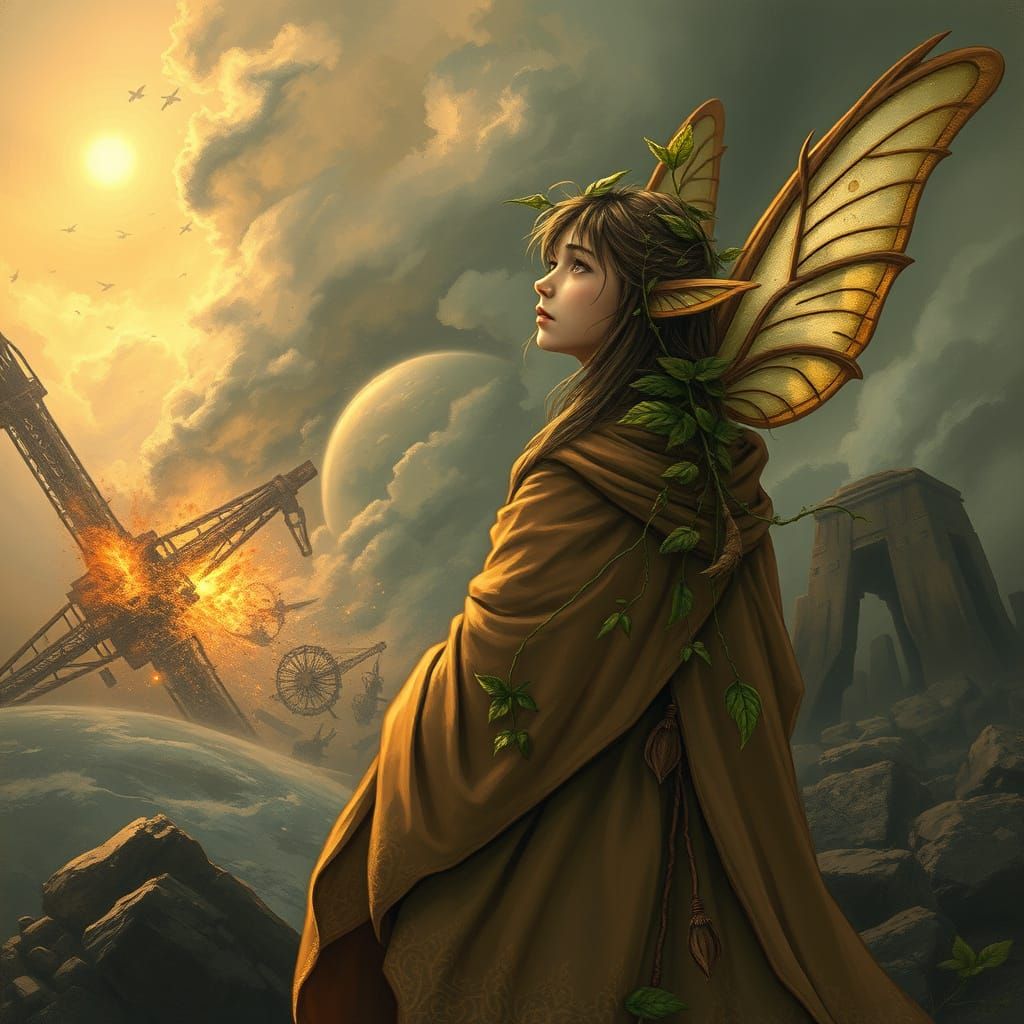 Pixie Observes Earth's Ruin in Whimsical, Fantastical Scene