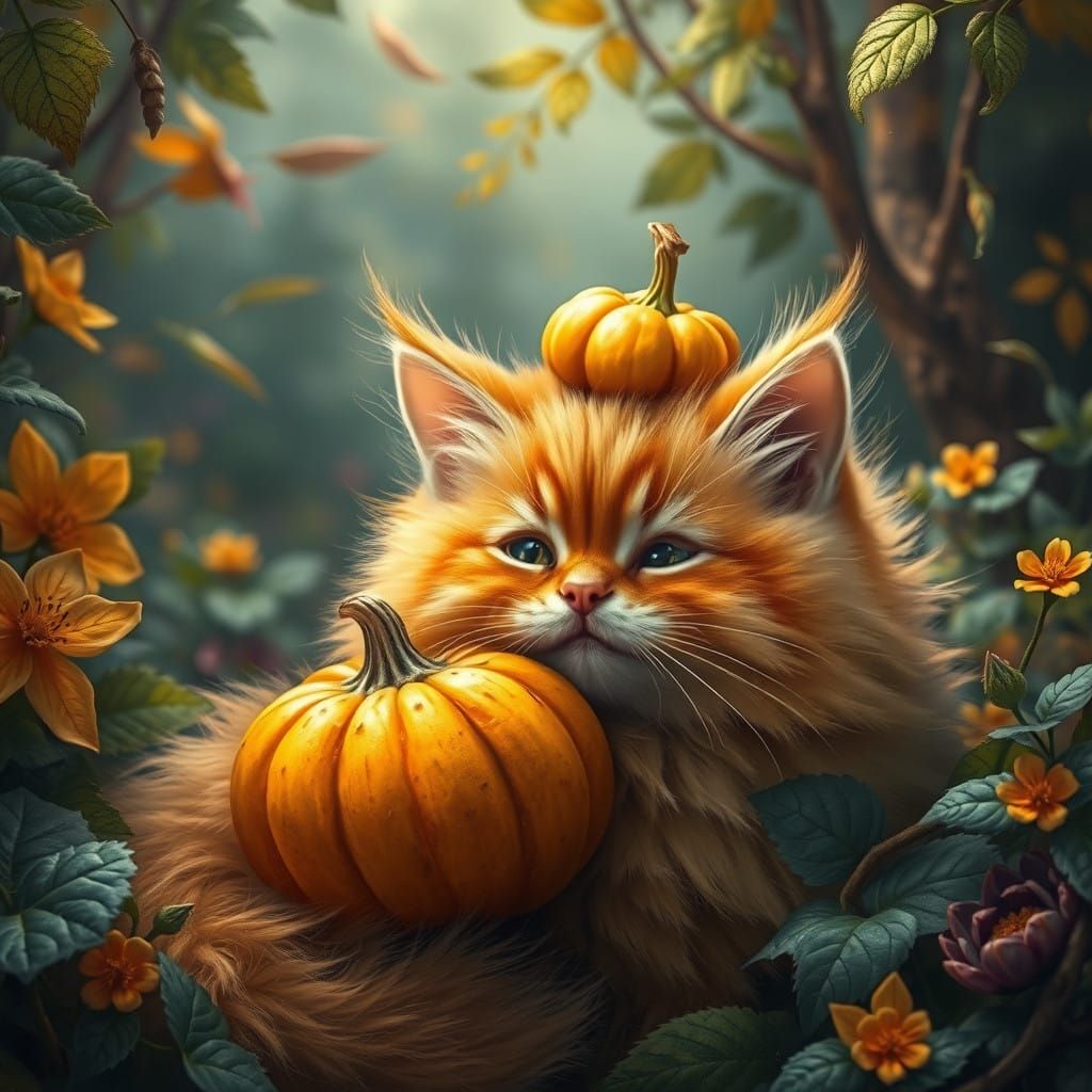 Whimsical Orange Kitty with Golden Pumpkin in Fantastical La...