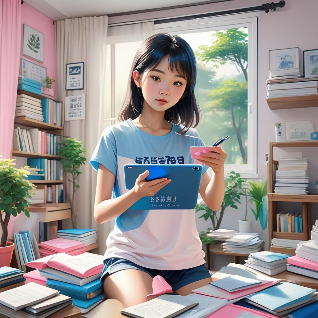 Asian Woman Writes on Tablet: 3D Anime Art