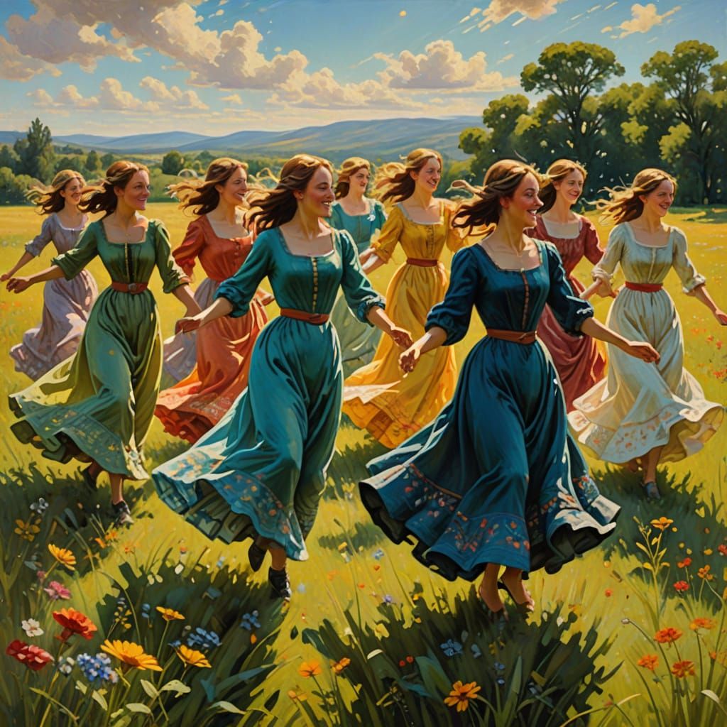 Nine Women Dancing Joyfully in a Sunlit Meadow Oil Painting