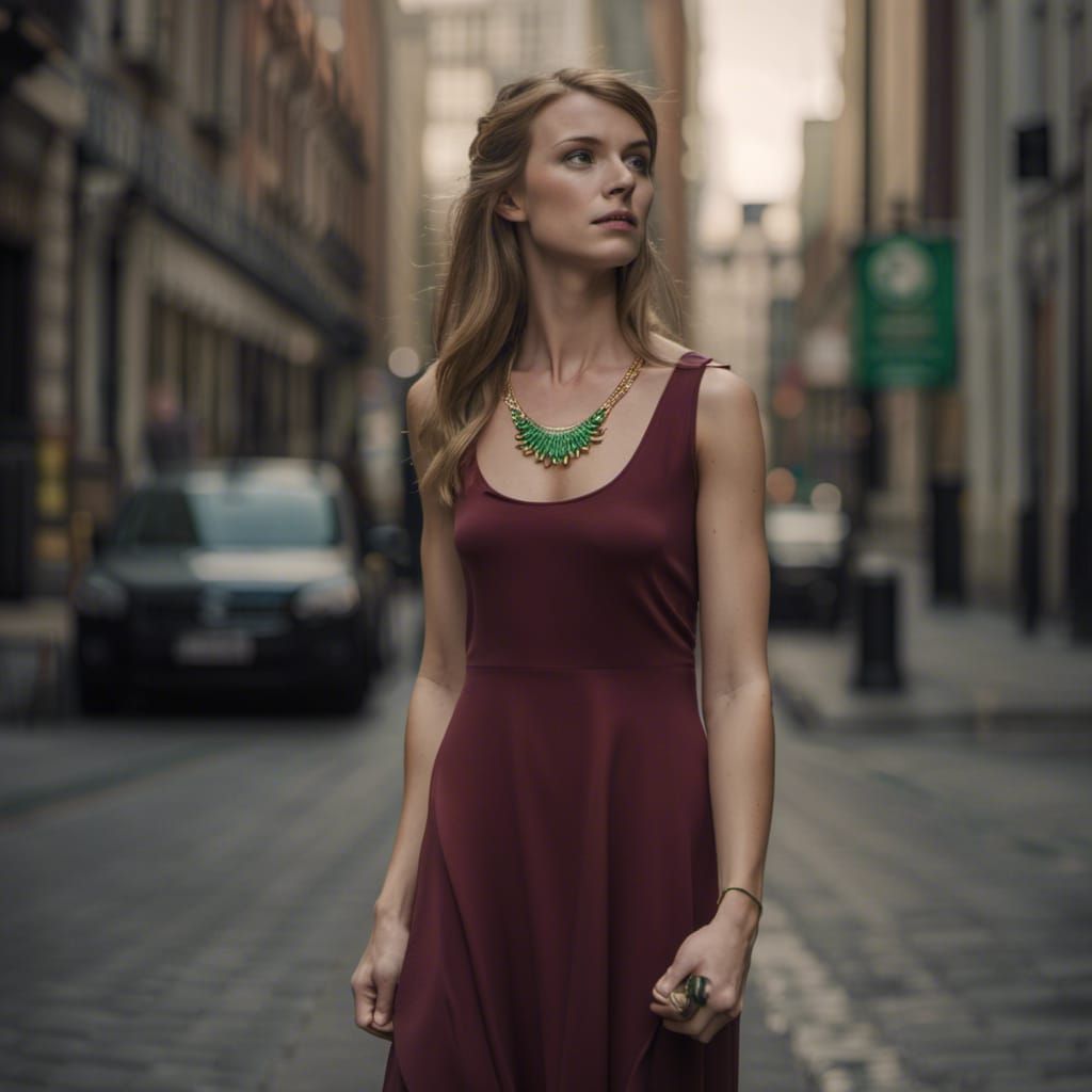 Person in Green Dress with Gold Necklace