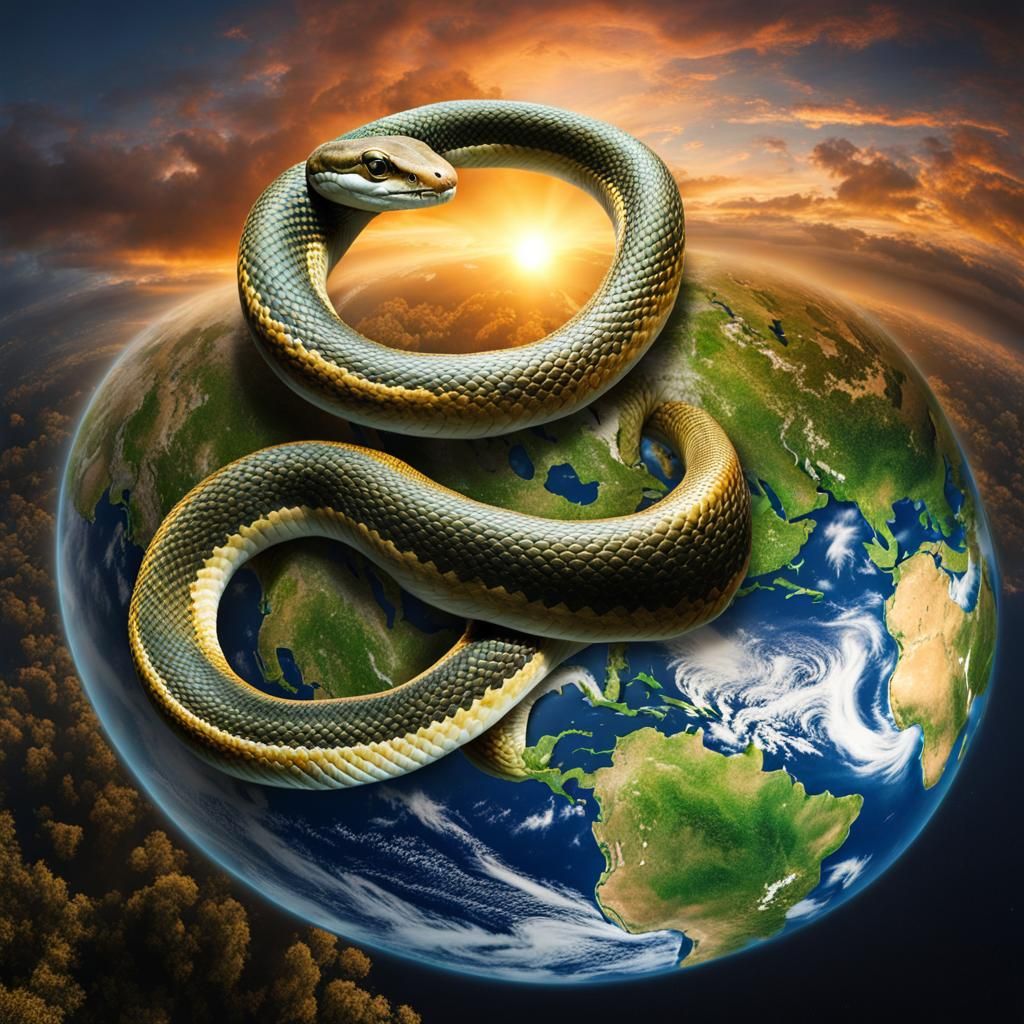 Snake Encircling Earth in Double Exposure
