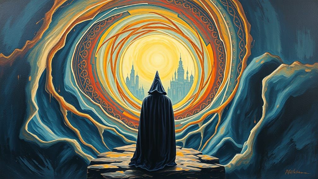 Wizard at Ethereal Portal in Surreal Impasto Landscape