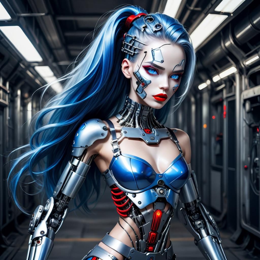 Cyborg Woman with Metal Hair and Red Lips