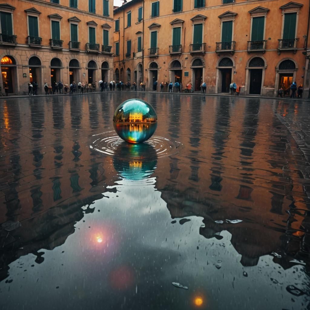 Glowing Orb Over Rainy Navona Square, Digital Painting
