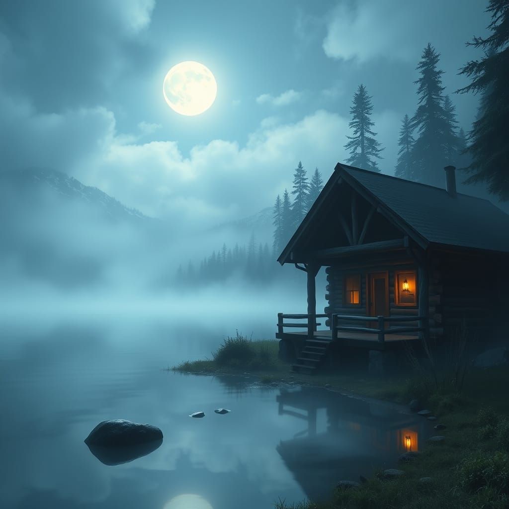 Misty Lake Cabin in Moonlight: Fantasy Concept Art