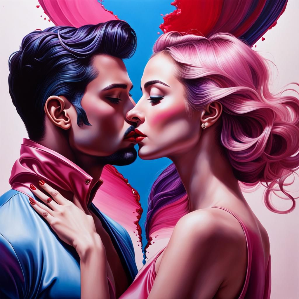 falling in love with art, a surreal artist paints images of a couple in  love, shades of pink, purple, blue, red and bla...