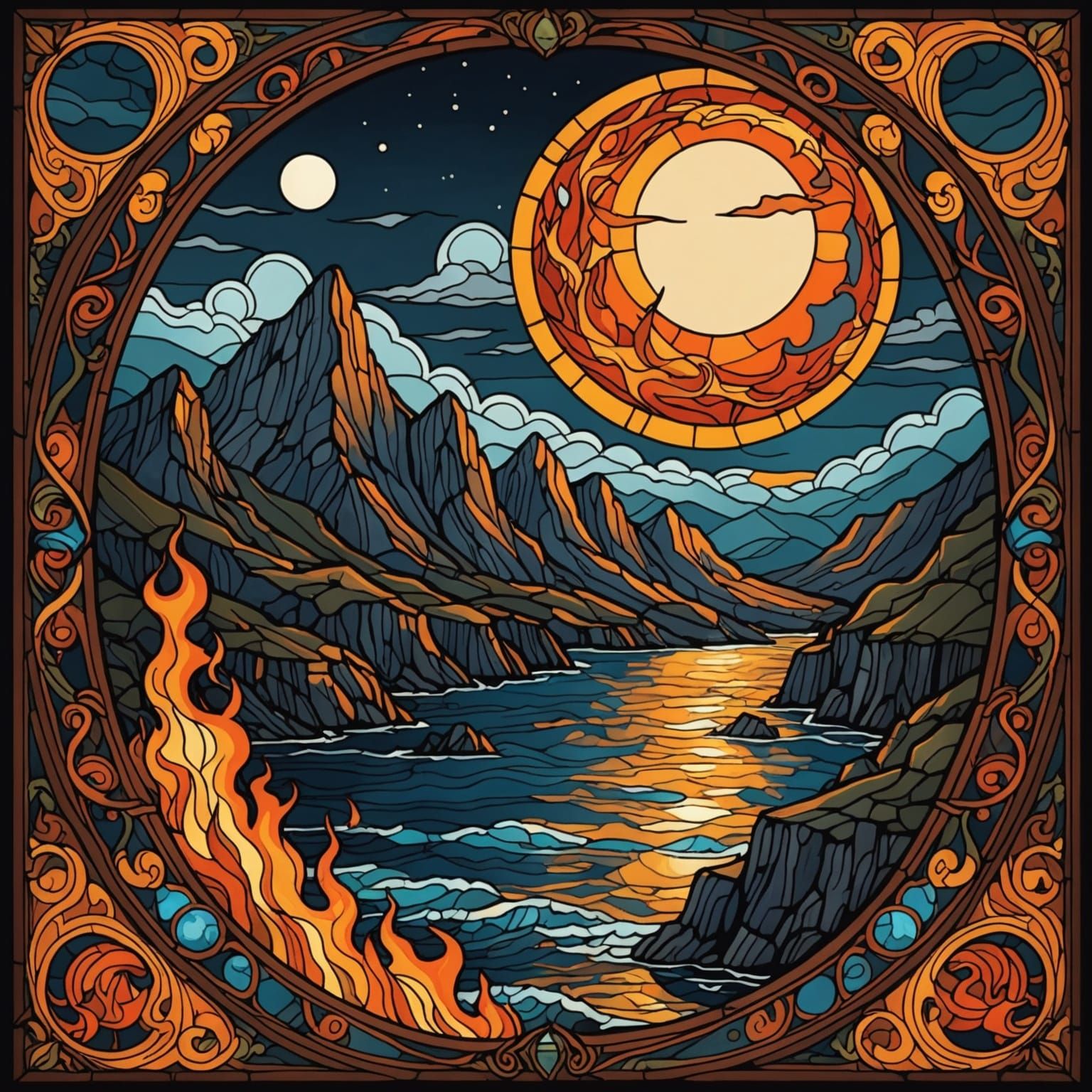 Gothic Stained Glass: Fire Sea and Lunar Chase