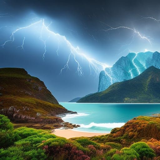 Dramatic Stormy Seascape with Starry Sky