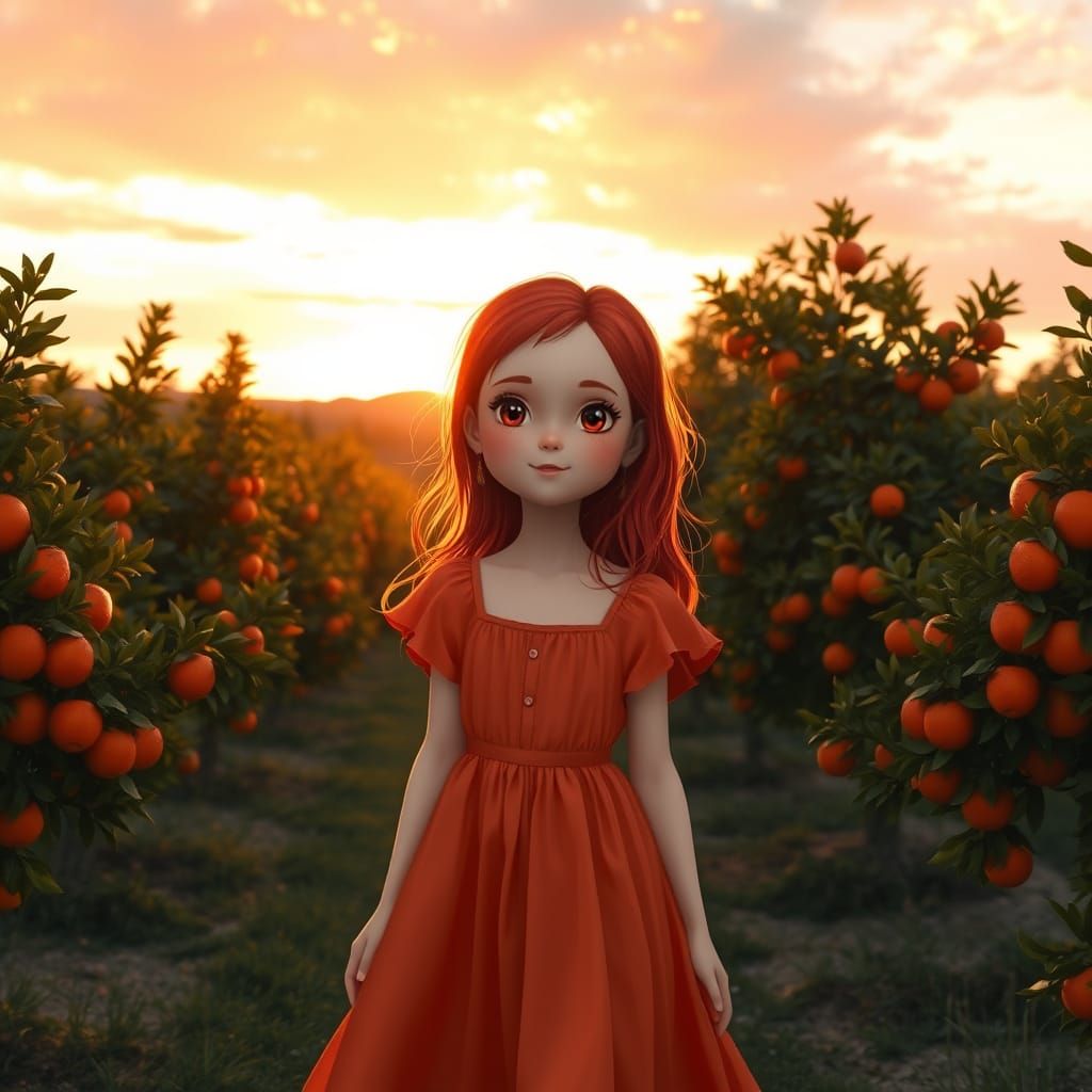 Red-Haired Girl in Orange Orchard at Sunset