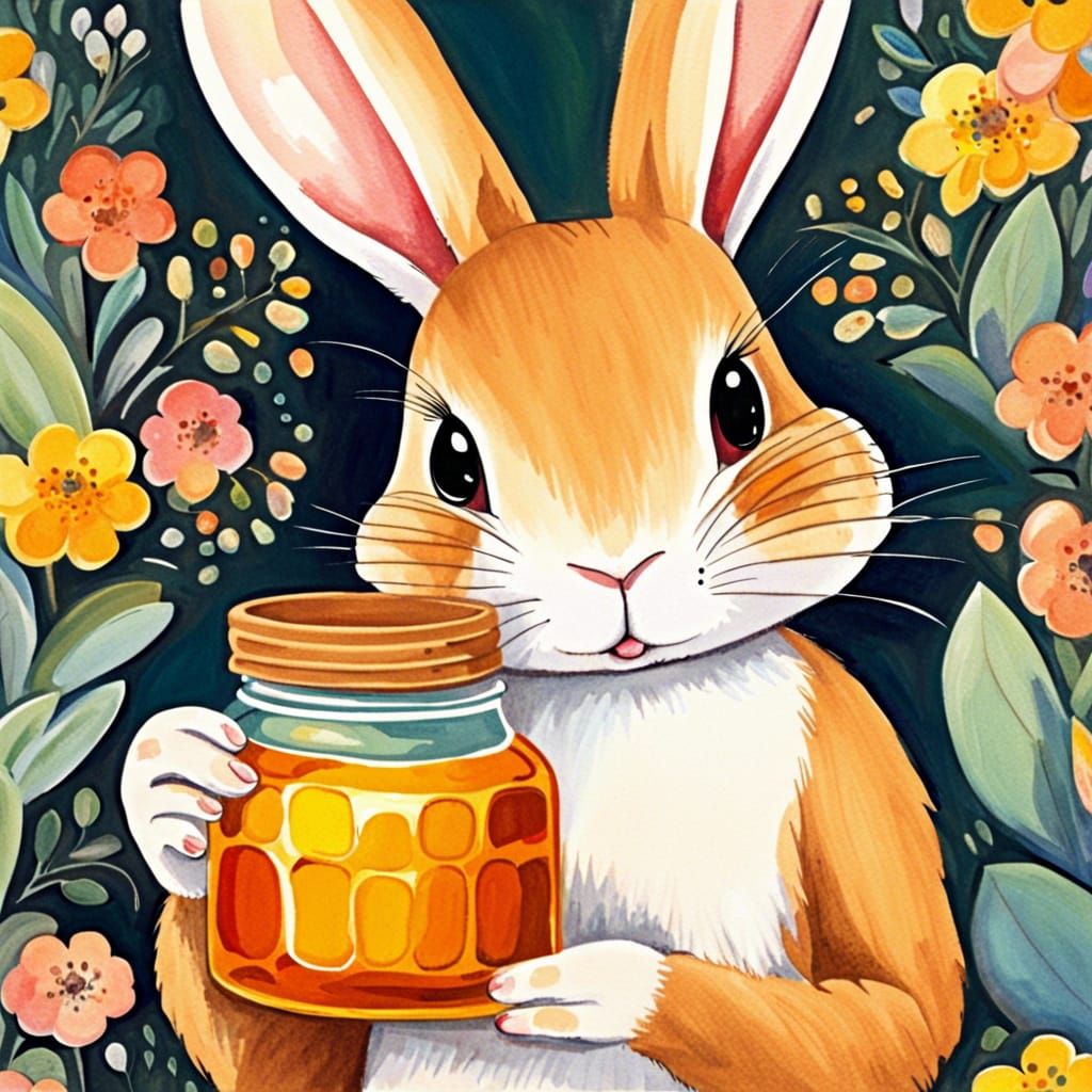 Elegant Bunny Holds Honey Jar: Gouache Painting