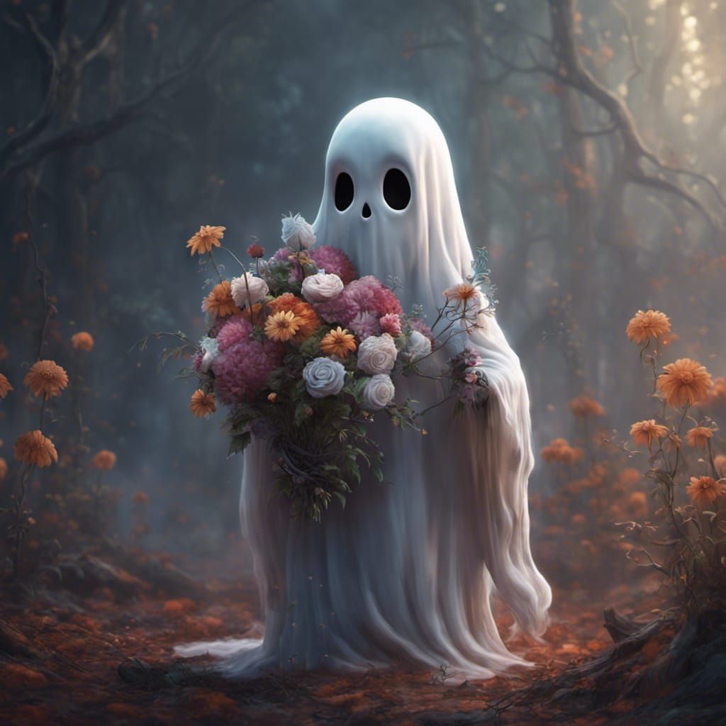 Adorable Ghost with Flowers: Detailed Fantasy Art