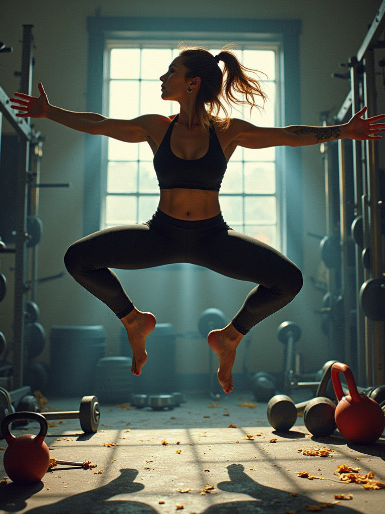 Dynamic Athlete Mid-Air Squat in Gritty Gym Setting
