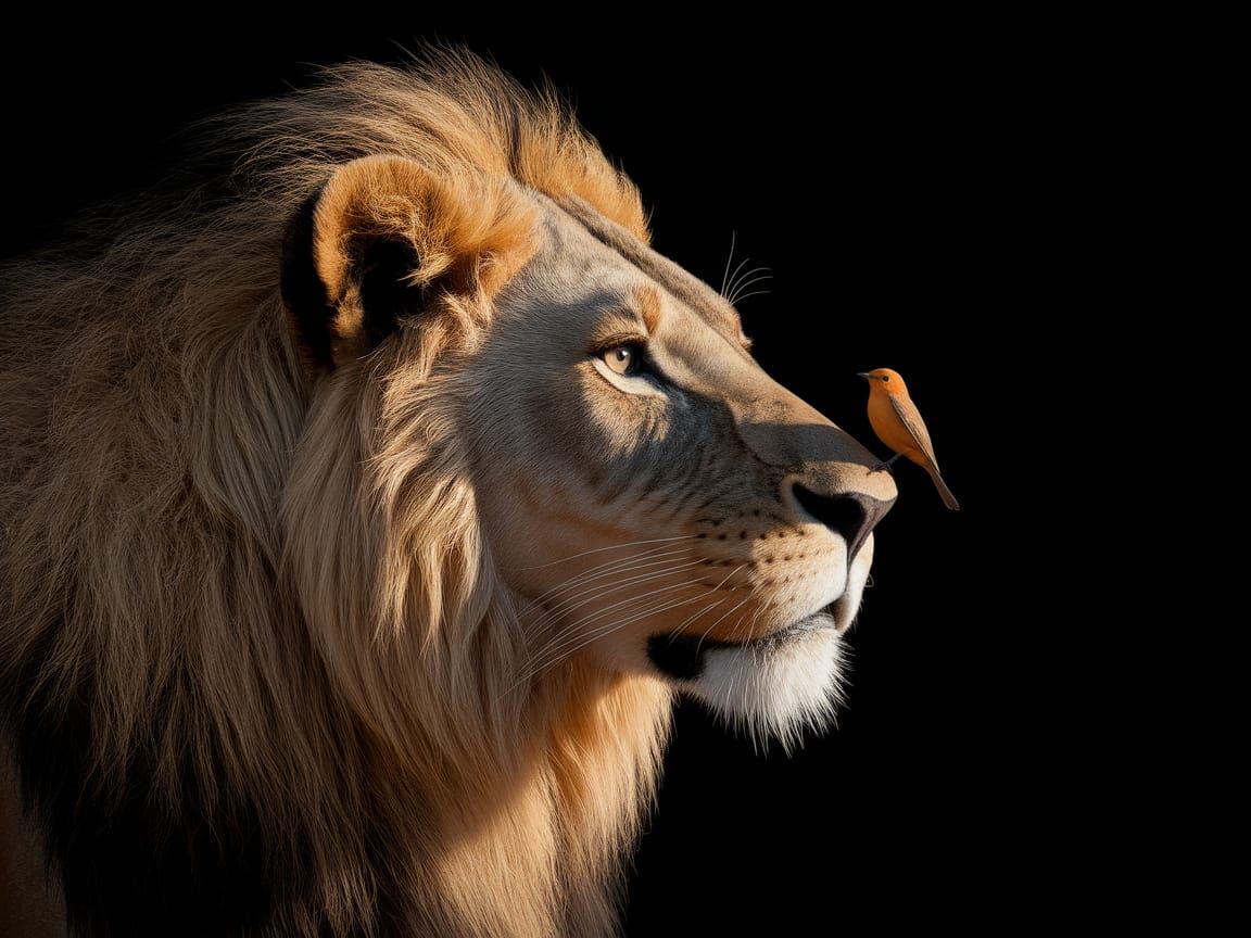 Lion's Majestic Profile with Perched Bird in Warm Golden Lig...