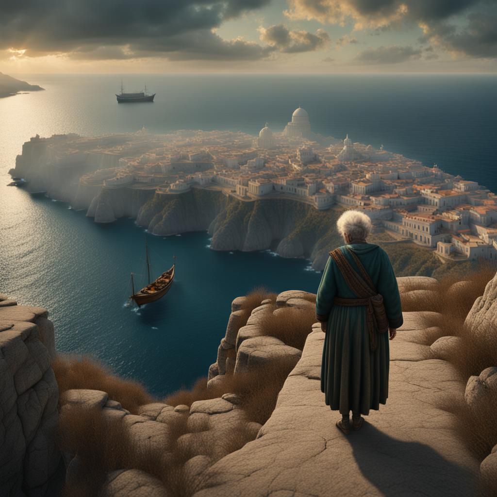 Old Woman Watches Greek Galley: Epic Digital Painting